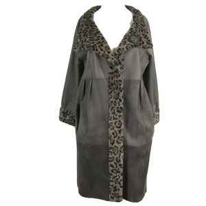 Grandi‎ Coat Womens Sz M Italy Gray Leather Leopard Faux Fur Reversible Trench